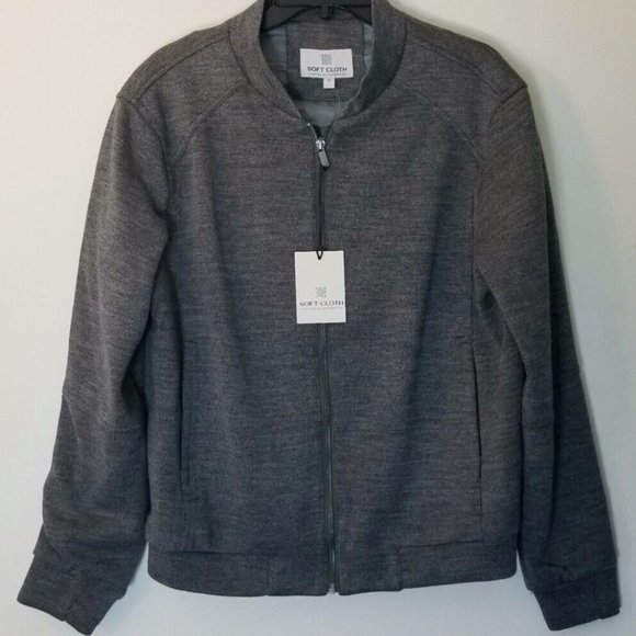 Soft Cloth Men's Heather Gray Wool Blend Softshell Zip Bomber Jacket - Picture 3 of 10